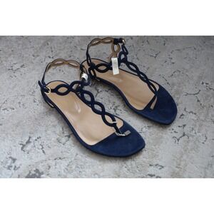 Sergio Rossi Navy Suede‎ Braided Ankle Strap Flat Sandals Size 35.5